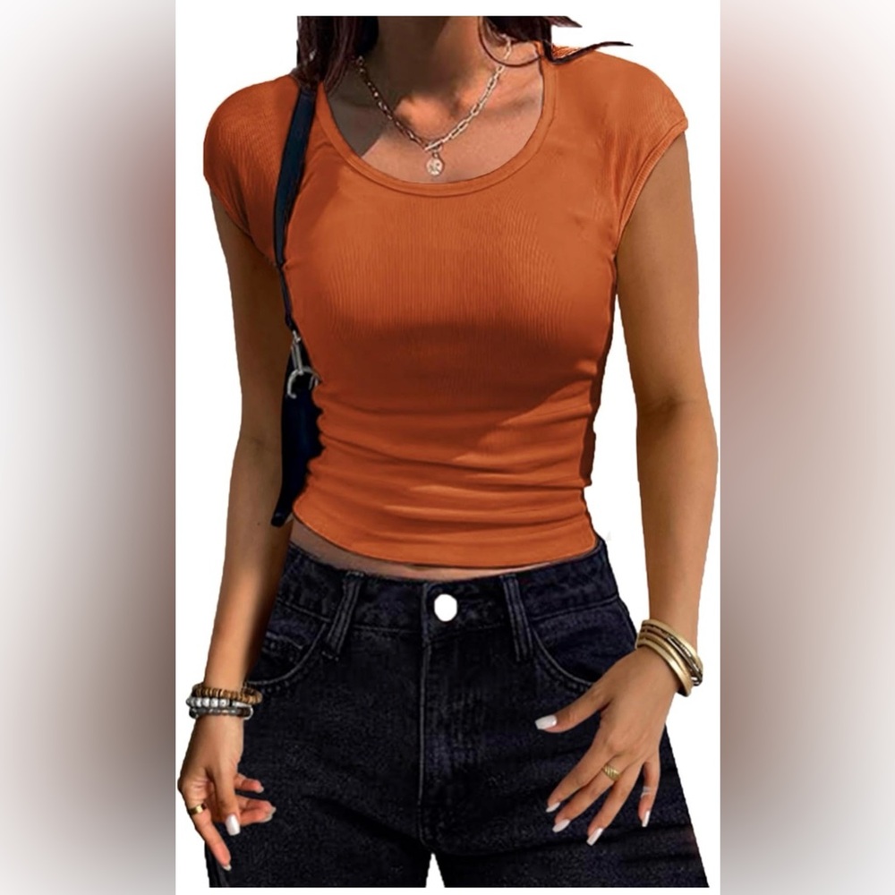 Women's Orange Cap Sleeve Top ruched sides